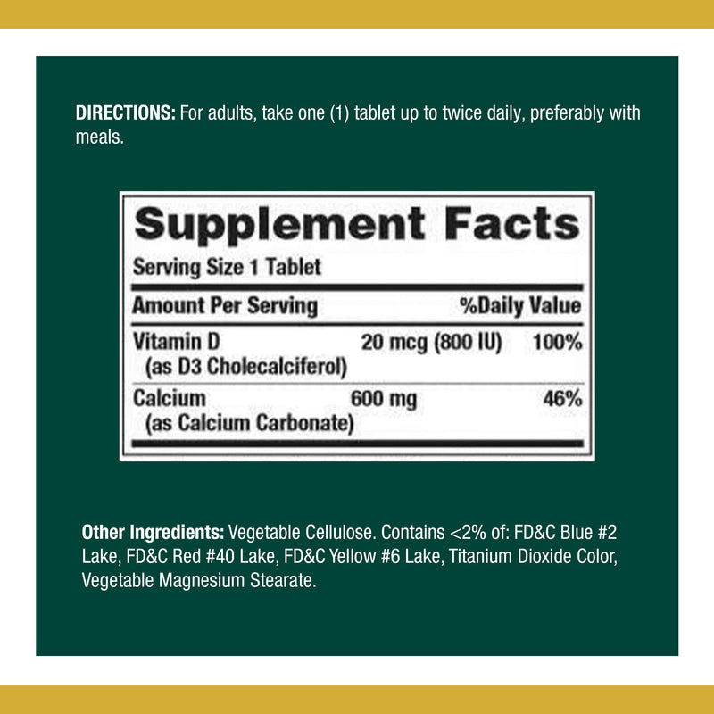 [Australia] - Calcium Carbonate & Vitamin D by Nature's Bounty, Supports Immune Health & Bone Health, 600mg Calcium & 800IU Vitamin D3, 250 Tablets 