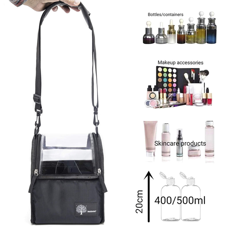[Australia] - Portable Multipurpose Clear Bag Makeup Cosmetic Case Organizer Travel Makeup Box PVC Dust-Free Storage Bag With Adjustable Shoulder Strap And Dividers For Makeup Brushers Toiletry Accessories (Black) 