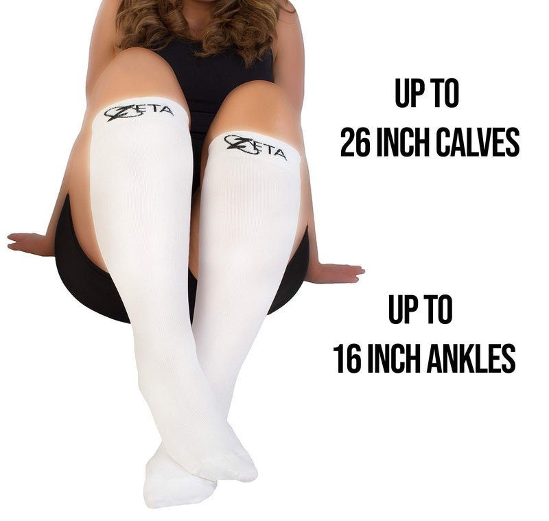 [Australia] - Zeta Socks XXXL Wide Plus Size Calf Compression, Soothing Comfy Gradient Support, Prevents Swelling, Pain, Edema, DVT, Large Cuffs, Stretch to 26 Inches, Unisex, for Flights (White, XXXL) 