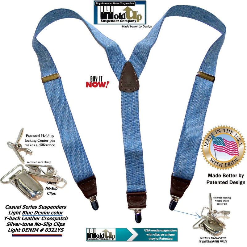 [Australia] - Holdup brand USA made Light Blue Denim Y-back Suspenders with Silver-tone No-slip Clips 