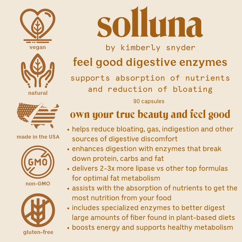 [Australia] - Feel Good Digestive Enzymes — Solluna by Kimberly Snyder — Digestion & Nutrient Absorption Aid for Stomach Pain, Gas & Bloating — Multi-Enzymes Lipase, Amylase, Protease, Cellulase, & Galactosidase 