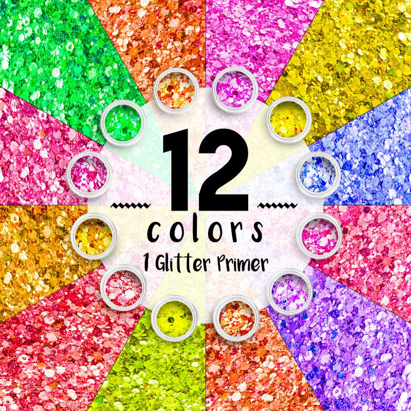 [Australia] - Chunky Cosmetic Holographic Neon Glitter I Body, Face & Hair Safe I 12 Pack + 1 Glitter Primer 12 PCS Neon 