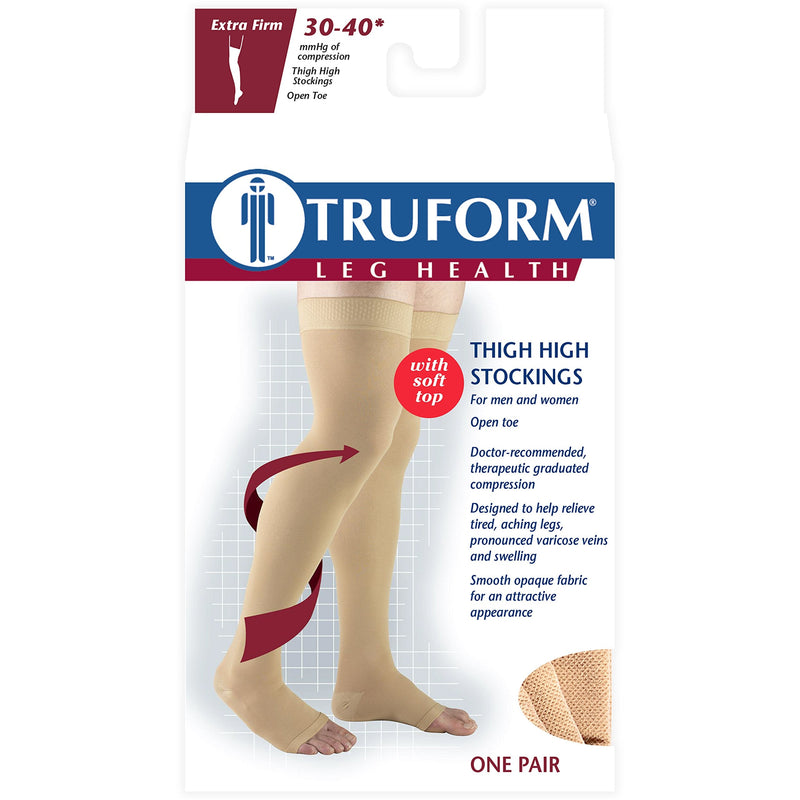 [Australia] - Truform 30-40 mmHg Compression Stockings for Men and Women, Thigh High Length, Open Toe, Beige, Medium 