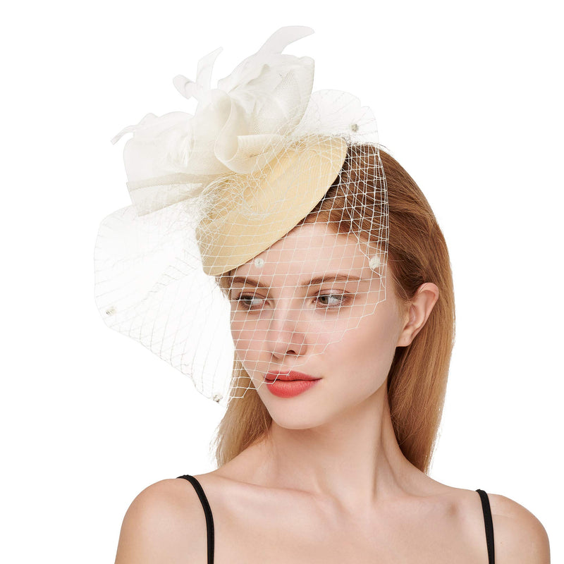 [Australia] - C.Garopl Women Fascinators Hat Hair Clip Wedding Cocktail Headband Tea Party Feather Flower Pillbox Hat with Veil 392-cream 
