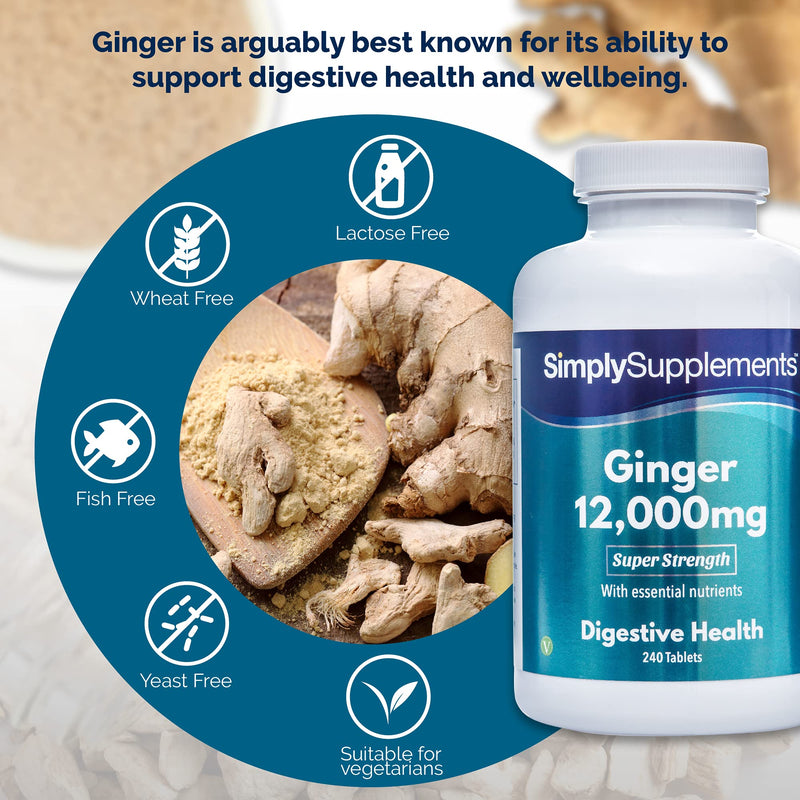 [Australia] - Ginger Tablets | Incredible 12000mg in Every Dose | Vegan & Vegetarian Friendly | Popular Supplement for Healthy Digestion & Travel Sickness | 240 Tablets = Up to 8 Month Supply | Manufactured in the UK 