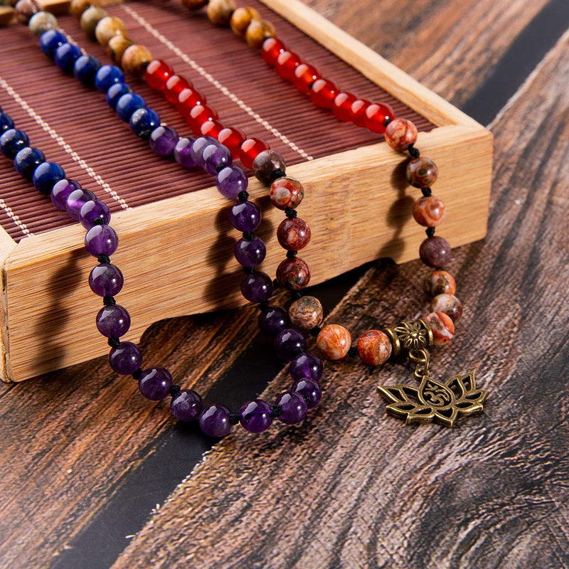 [Australia] - Farfume 7 Chakra 108 Mala Beads Bracelet Real Healing Gemstone Yoga Meditation Hand Knotted Mala Prayer Bead Necklace … Lotus OM-6mm Beads 