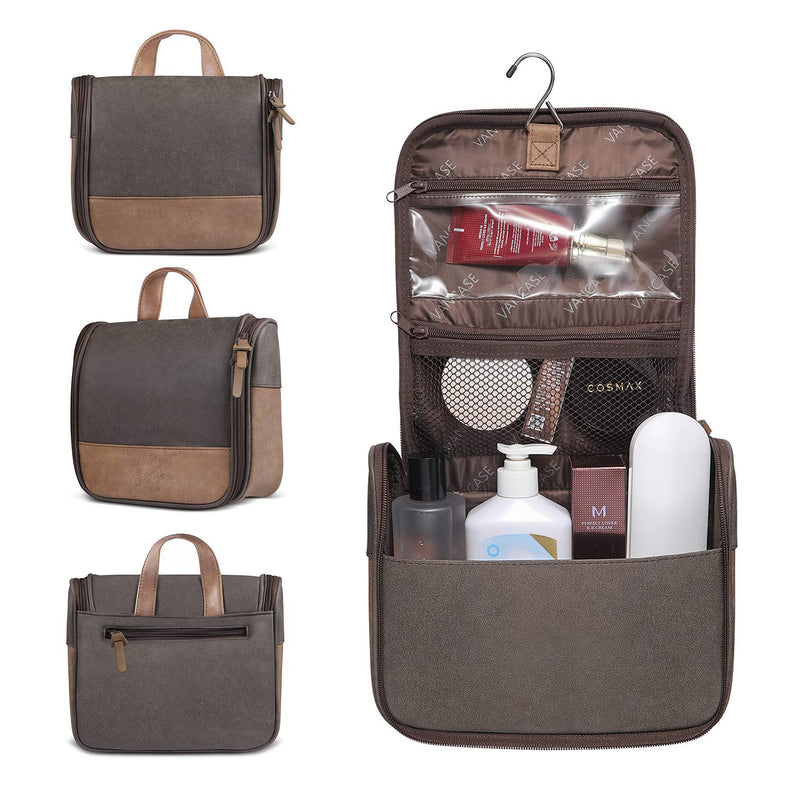 [Australia] - Hanging Toiletry Bag for Men VANCASE Vintage Leather Shaving Dopp Kit Medium Waterproof Travel Bathroom Bags Portable Shower Organizer Pattern Brown 