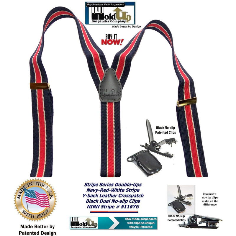 [Australia] - HoldUp American made Navy Blue with Red Striped Dual Clip Double-up Style Suspenders 