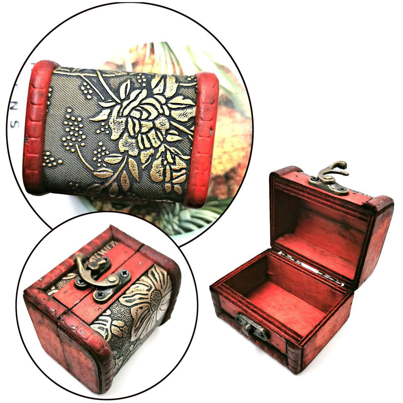 [Australia] - Markeny 4 Styles Pattern Wooden Rings Case Box Little Treasure Chest Vintage Handmade Box with Mini Metal Lock for Storing Jewelry Treasure Pearl 