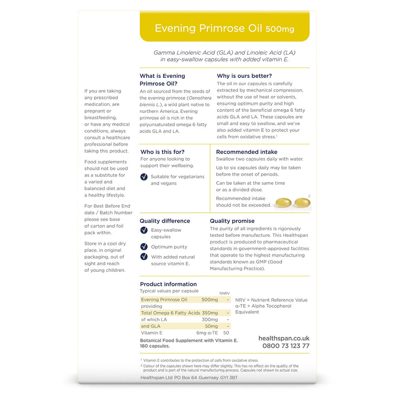 [Australia] - Healthspan Evening Primrose Oil 500mg (180 Capsules) | Omega 6 Fatty Acids | Women's Health | Added Vitamin E | Gamma Linolenic Acid & Linoleic Acid | Protects Cells from Oxidative Stress | Vegan 