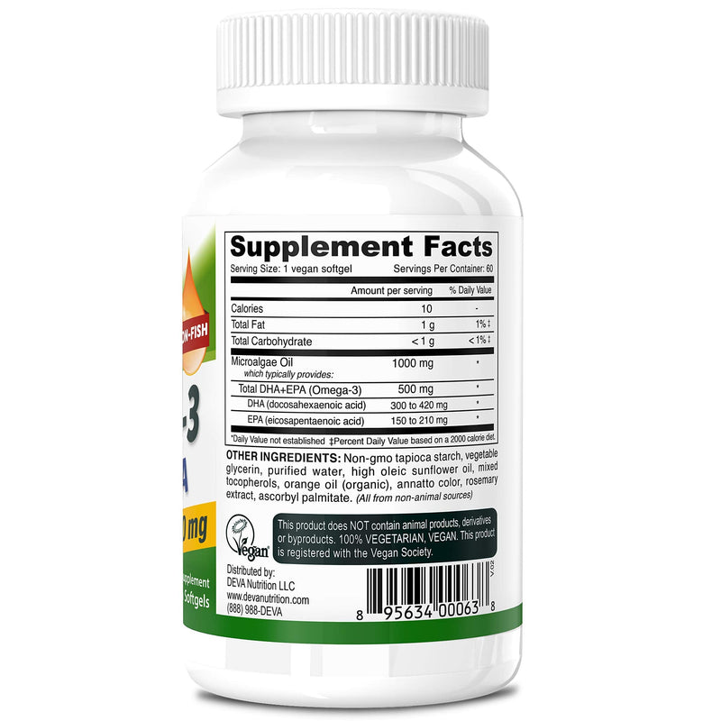 [Australia] - Deva Vegan Omega-3 DHA EPA Supplement - Once-Per-Day Softgel 500 MG - Carrageenan Free - Gelatin Free - Non-Fish - Algae Oil Omega-3 Fatty Acids - 60 Softgels 