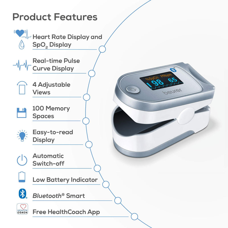 [Australia] - Beurer Bluetooth Digital fingertip Pulse Oximeter, Blood Oxygen Saturation & Pulse Rate Monitor with Accessories, 1 Count 