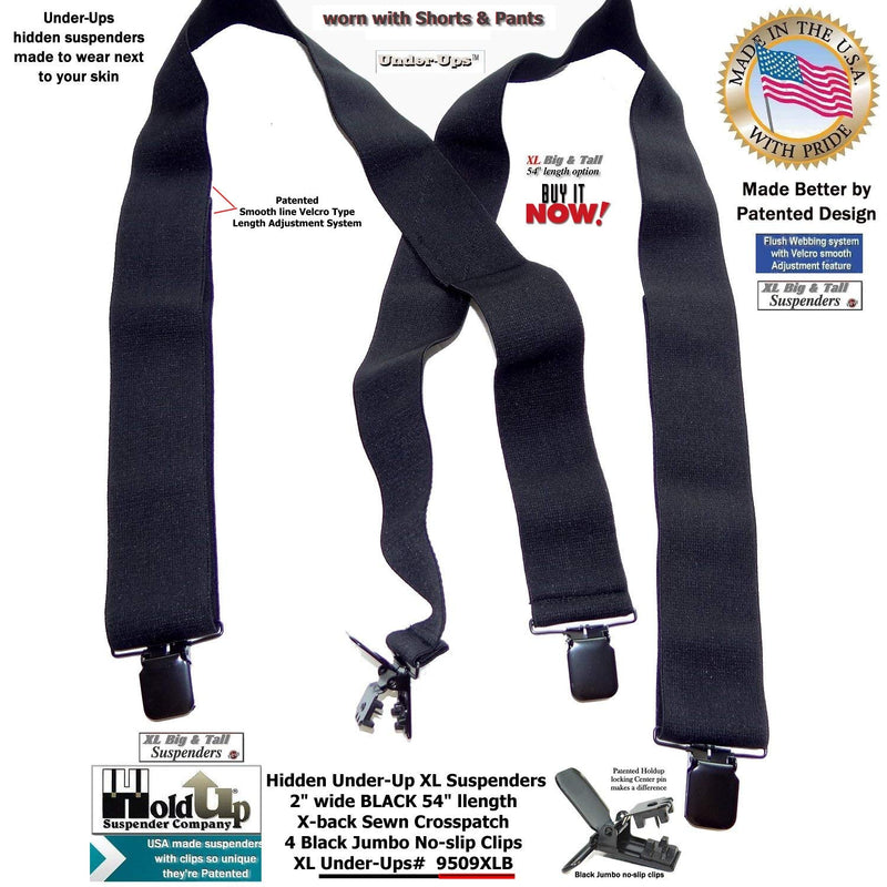 [Australia] - Holdup Brand 2" Wide Black XL hidden Undergarment Suspenders worn under your shirt with patented no-slip clips 