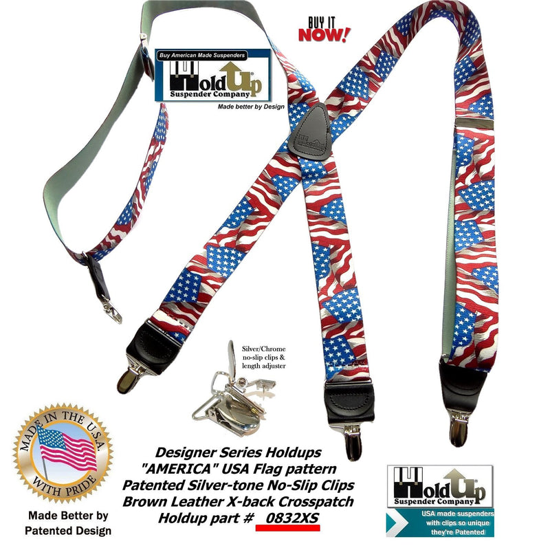 [Australia] - Holdup USA Flag Pattern Designer series X-back suspenders in 1 1/2" width and patented No-slip Silver-tone Clips 