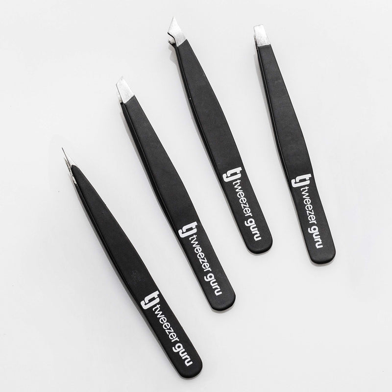 [Australia] - Tweezer Guru 4-piece Tweezers Set - Stainless Steel Slant Tip and Pointed Eyebrow Tweezer Gift Set - Great Precision for Facial Hair, Splinter and Ingrown Hair Removal (Black) 4-Pack 