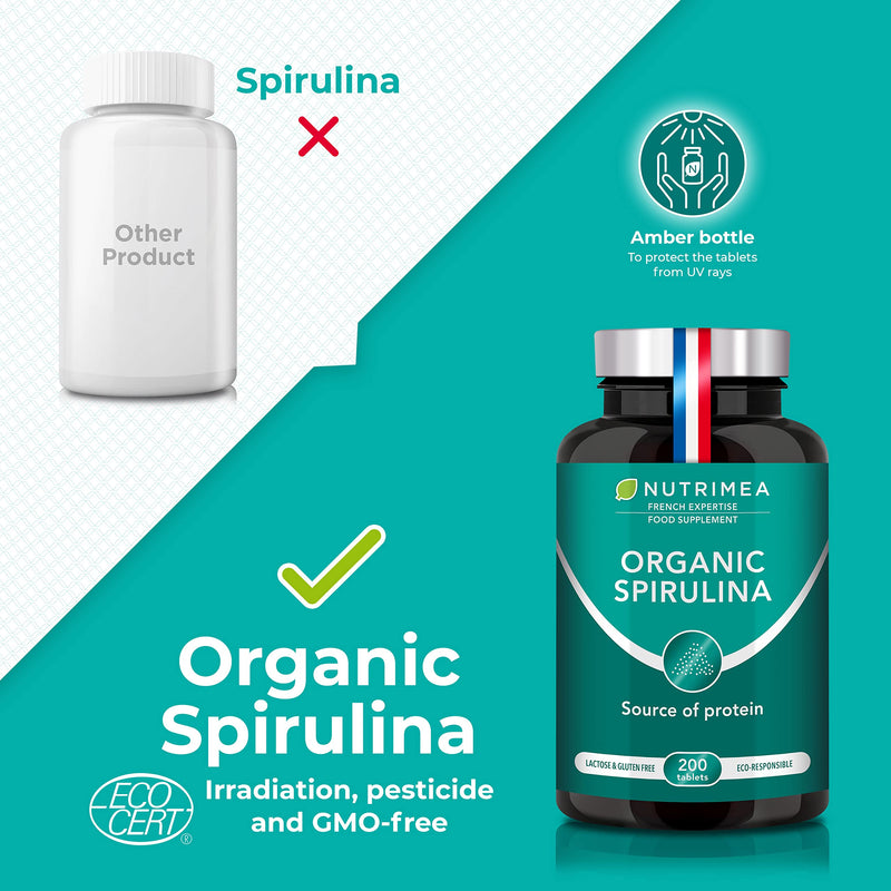[Australia] - Organic Spirulina Tablets (200 x 500mg) - Rich in Protein, Vitamins, Antioxidants, Iron, Low Calories - 19% of Phycocyanin - Strengthens Hair and Nails - French Expertise 