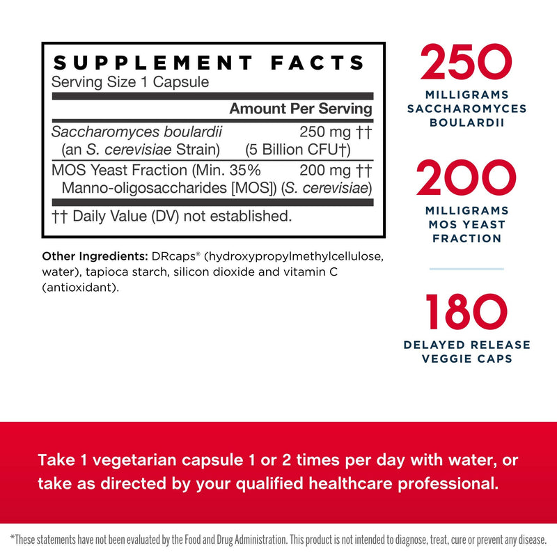 [Australia] - Jarrow Formulas Saccharomyces Boulardii + MOS - 5 Billion Viable Organisms Per Serving - 180 Delayed Release Veggie Caps - Probiotic + Prebiotic - Intestinal Tract Support - Up to 180 Servings 180 Count (Pack of 1) 