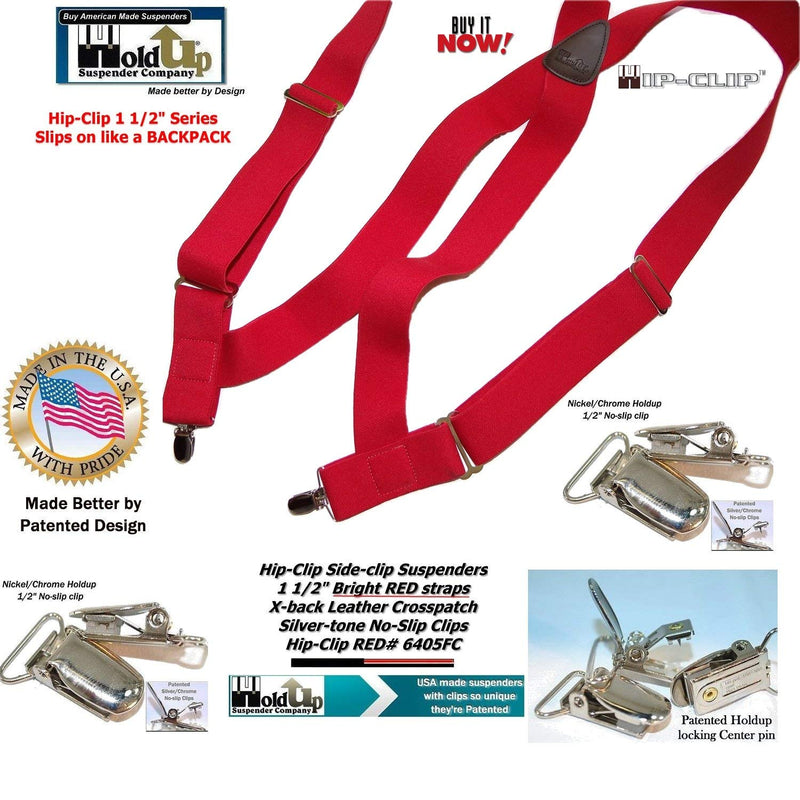 [Australia] - Holdup Brand Red Trucker Style Hip-clip Series Suspenders with silver no-slip clips 