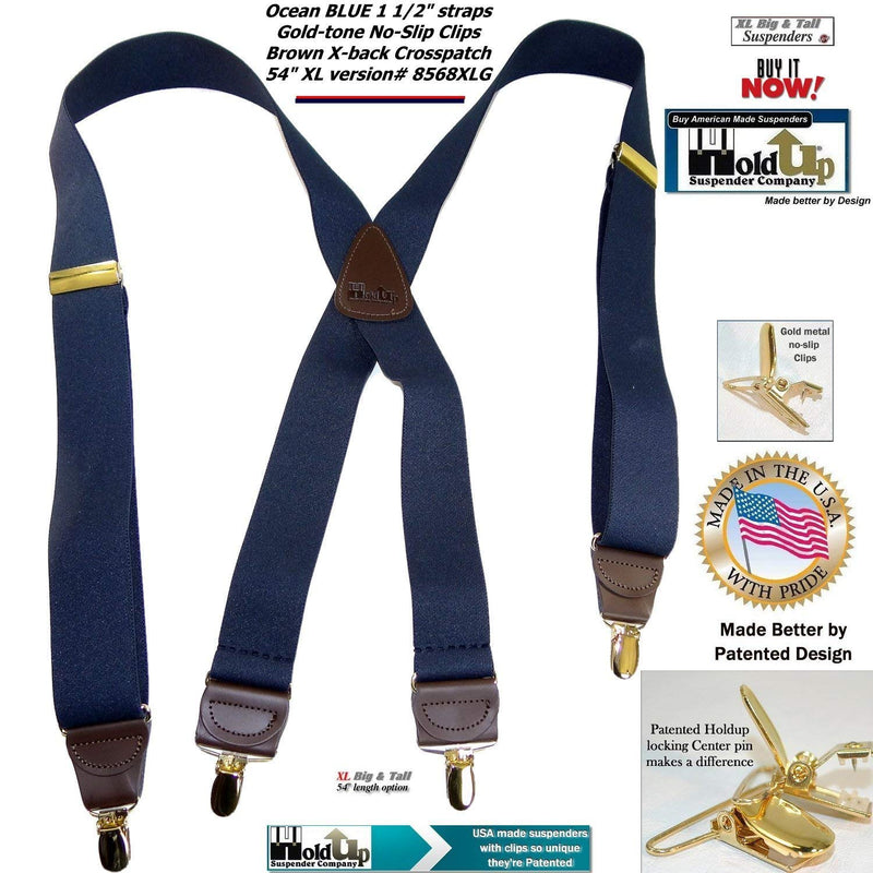 [Australia] - HoldUp Brand XL Dark Ocean Blue X-back suspenders for big and Tall men with gold tone no-slip patented clips 