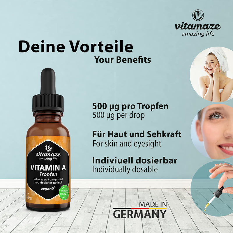 [Australia] - Vitamin A Drops 5000 IU High Strength per Daily Dose, Retinol Liquid & Vegan, 50 ml (1700 Drops), Natural Food Supplement Without Additives, High Bioavailability 