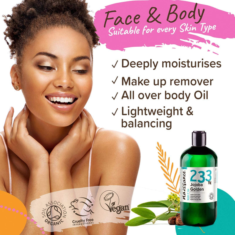 [Australia] - Naissance Organic Golden Jojoba Oil 500ml - Pure and Natural, Certified Organic, Unrefined, Vegan, Hexane Free, No GMO - Ideal for Aromatherapy and as a Massage Base Oil 