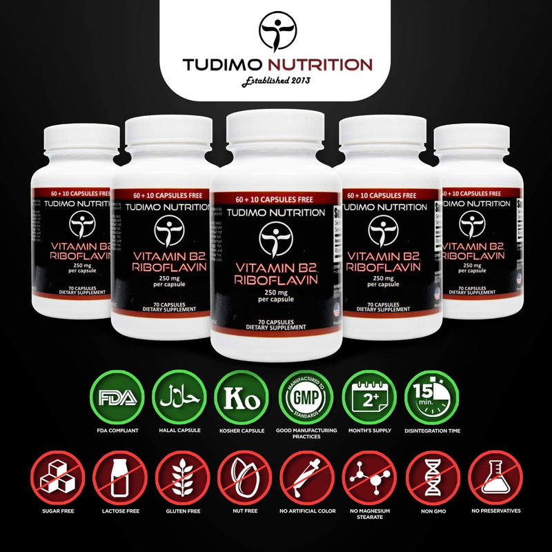 [Australia] - Vitamin B2 Riboflavin 250 mg Capsules - 70 pcs (2+ Month Supply) of Rapidly Disintegrating Capsules, Each with 250mg of Premium Quality & Pure Riboflavin Powder, by TUDIMO 