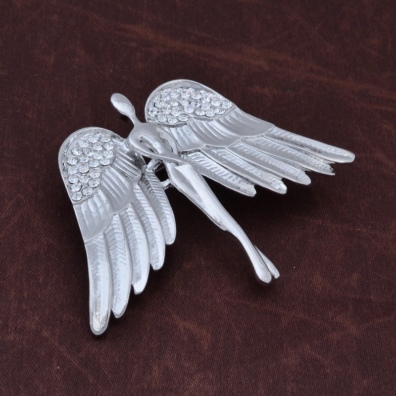 [Australia] - OBONNIE Guardian Angel Jewelry Women's Crystal Flying Angel Wings Brooch Pin Wedding Bouquet Lapel Pin Silver 