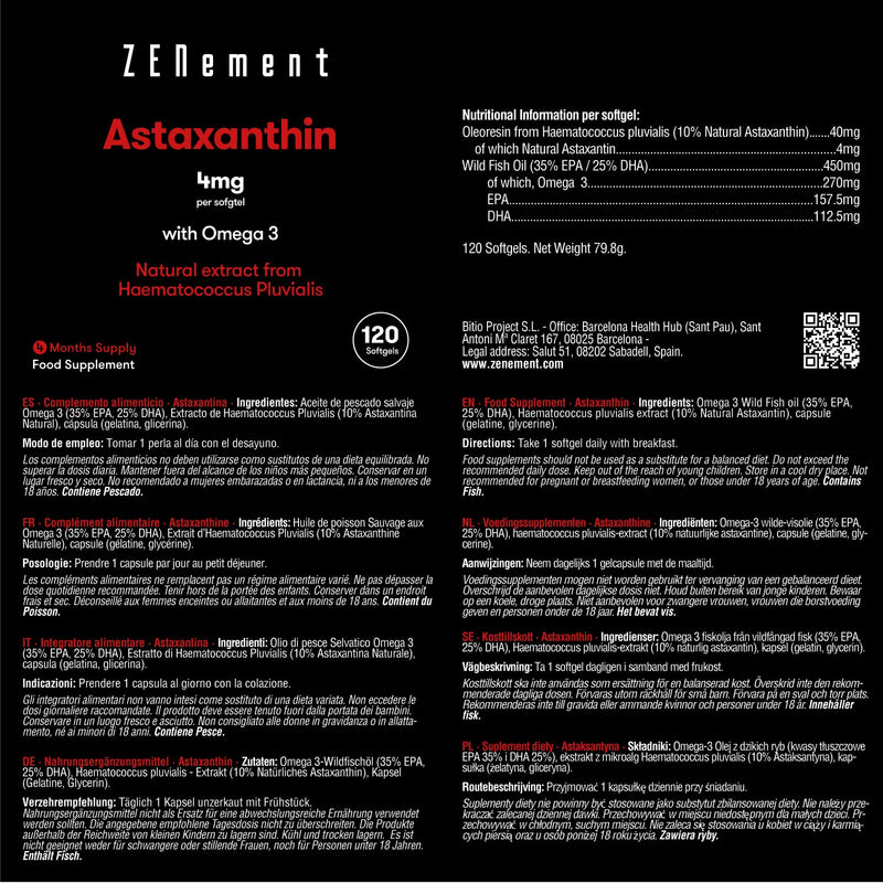 [Australia] - Astaxanthin, 4mg with Omega 3, 120 Softgels | Natural Source | Powerful antioxidant | 100% Natural Ingredients, Additives Free, Soy Free, Non-GMO, GMP | Zenement 