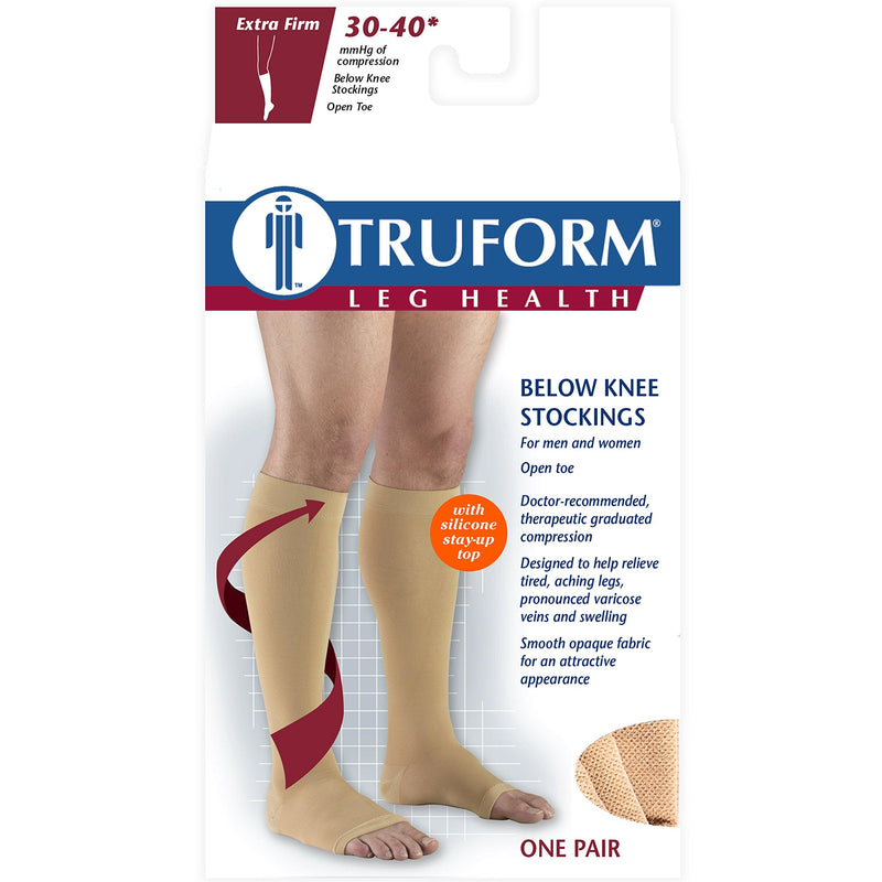[Australia] - Truform 30-40 mmHg Compression Stockings for Men and Women, Knee High Length, Dot-Top, Open Toe, Beige, Medium 