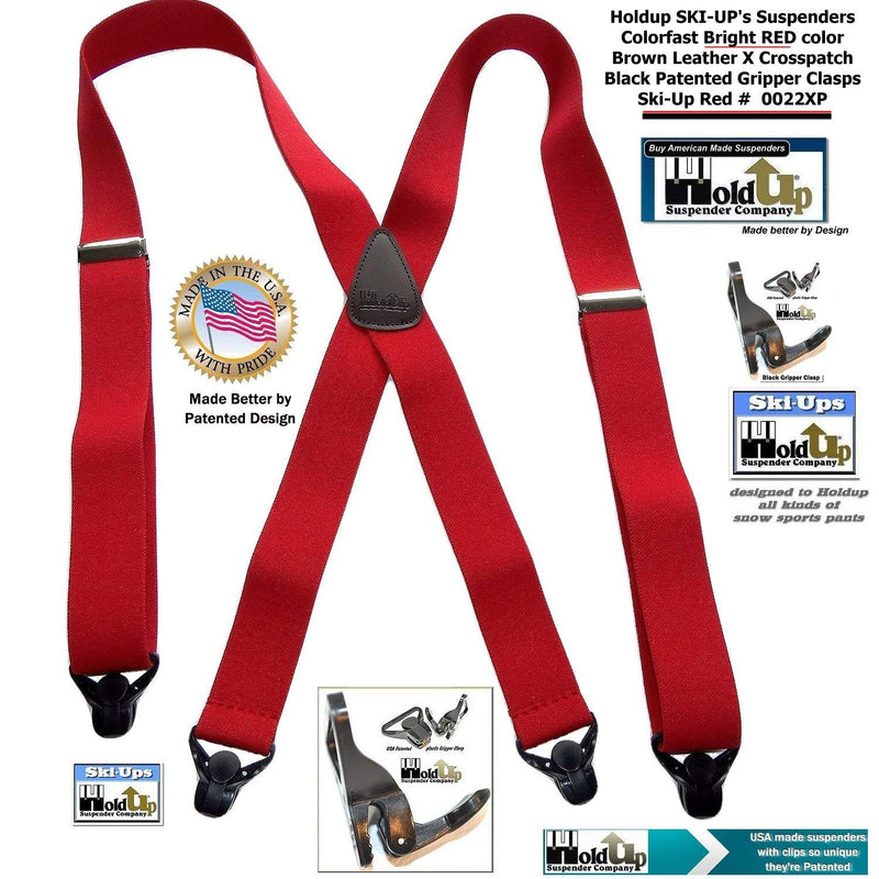 [Australia] - USA Made HoldUp Brand Ski-Ups series bright RED X-back Suspenders with Patented Black Gripper Clasps in 1 1/2" width 