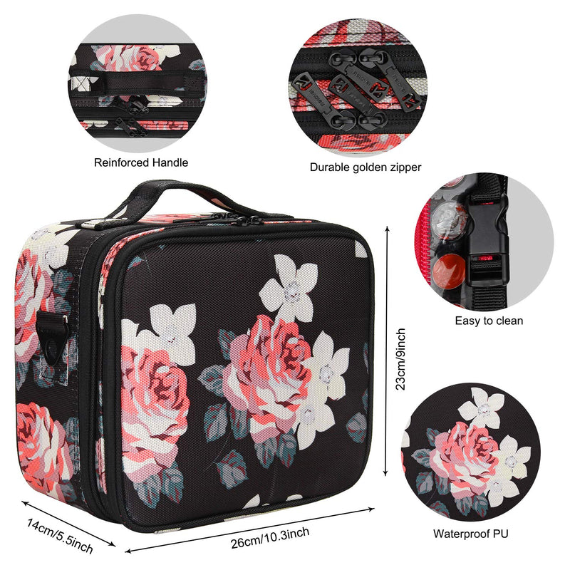 [Australia] - Relavel Travel Makeup Bag 2 Layer Heighten Makeup Train Case Cosmetic Storage and Organizer Box Portable Makeup Carrying Case with Shoulder Strap and Adjustable Dividers (Peony Pattern) Small 1 Peony Pattern 