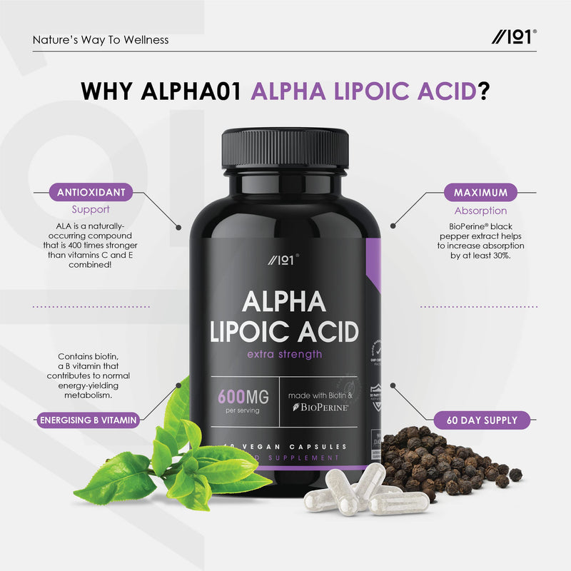 [Australia] - Alpha Lipoic Acid (ALA) 600mg - Made with Biotin & BioPerine® - 60 High Strength Capsules - Potent Amino Acids Supplement - Powerful Antioxidant - No Artificial Preservatives - Vegan, Non GMO. 