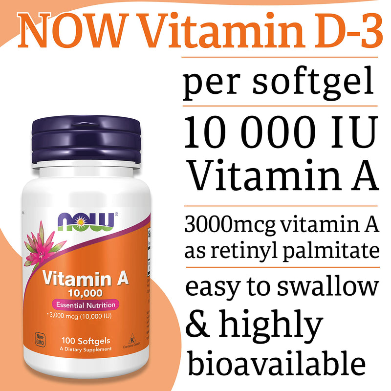 [Australia] - Now Foods, Vitamin A, 10.000IU (3.000mcg), from Retinyl Palmitate and Cod Liver Oil, High Dose, 100 Capsules, Lab-Tested, Gluten Free, SOYA Free, Non-GMO 