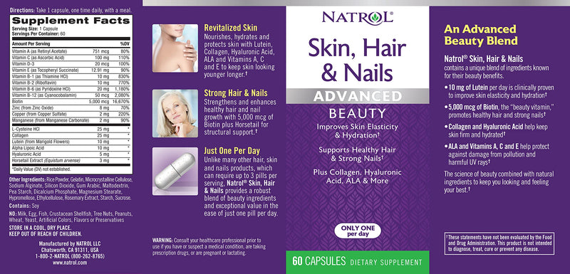 [Australia] - Natrol Skin, Hair and Nails Advanced Beauty Capsules, Packed with Beauty Enhancing Ingredients - 5,000mcg Biotin, 60 Count 