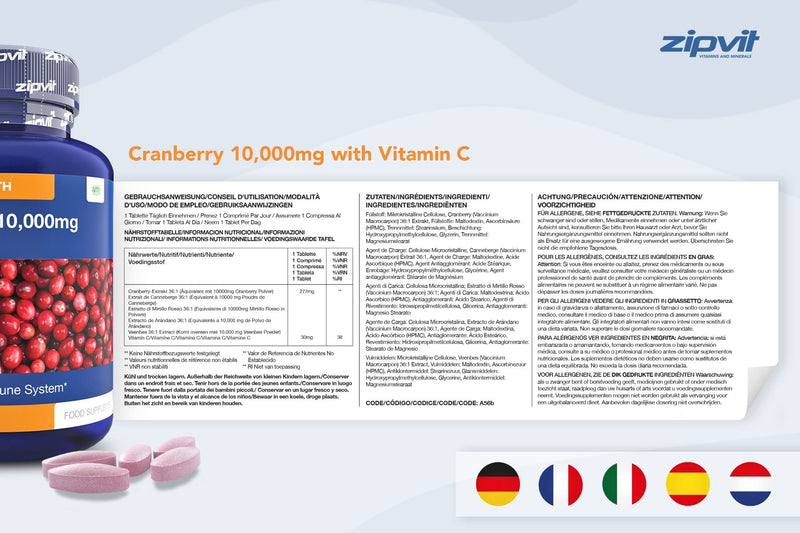 [Australia] - Cranberry Tablets 10,000mg with Vitamin C, 120 Vegan Tablets, High Strength Cranberry Extract, Supports The Immune System, Vegan and Vegetarian, 4 Months Supply 