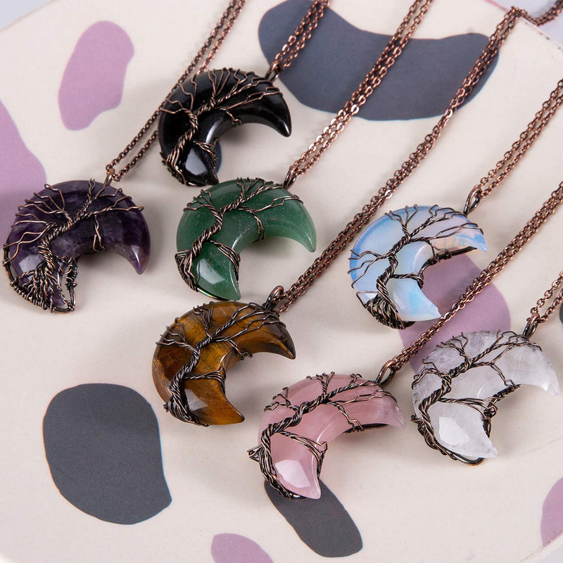 [Australia] - Tree of Life Crescent Moon Necklace Bronze Copper Wire Wrap Natural Gemstones Healing Crystal Pendant Necklace Amethyst antique bronze 