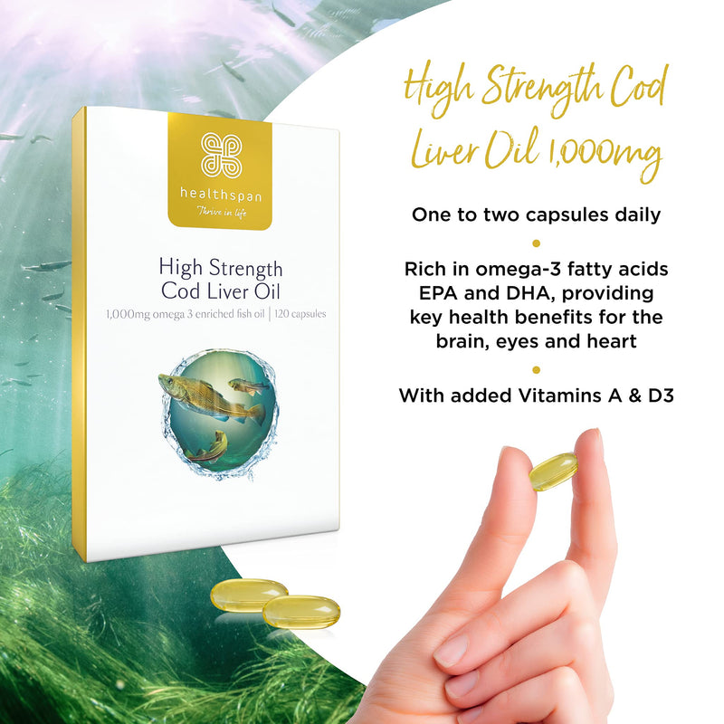 [Australia] - Healthspan Cod Liver Oil 1,000mg (120 Capsules) | Rich in Omega 3 Fatty Acids DHA & EPA | Brain, Eyes & Heart Health | Vitamin A & D3 | Vision, Bones, Teeth & Immune | Sustainably Sourced 120 Count (Pack of 1) 