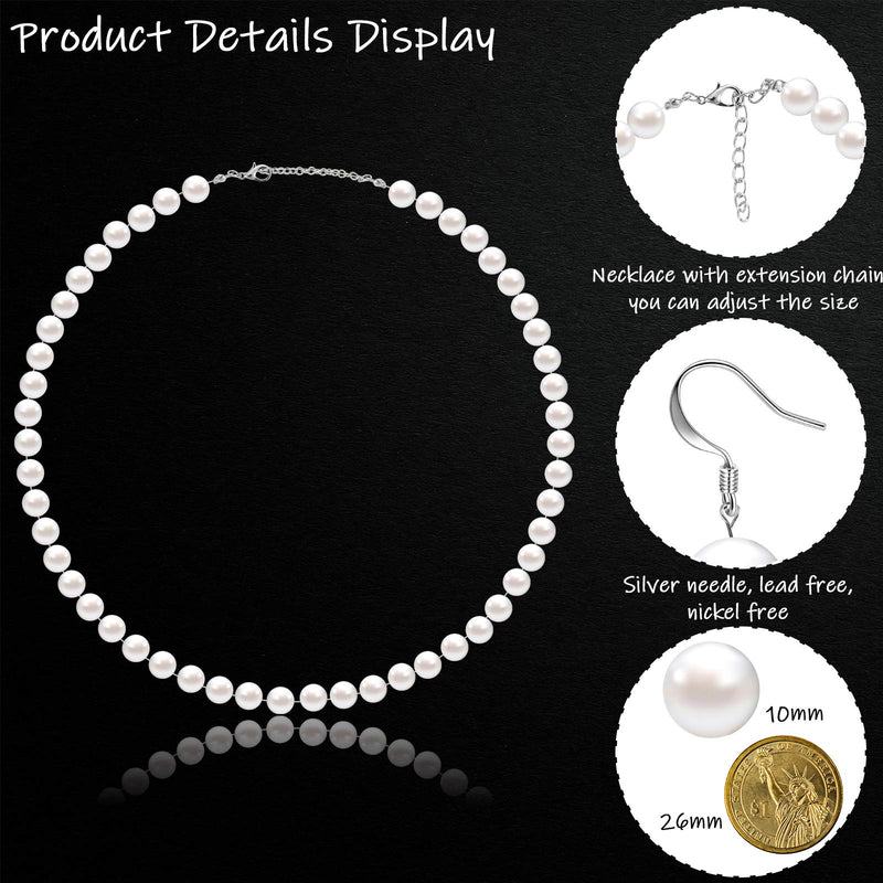 [Australia] - Yaomiao Faux Pearl Jewelry Set Simulated Shell Pearl Necklace Stretch Beaded Bracelet Dangle Pearl Earrings for Women Girls Valentine's Day (White,10 mm) 