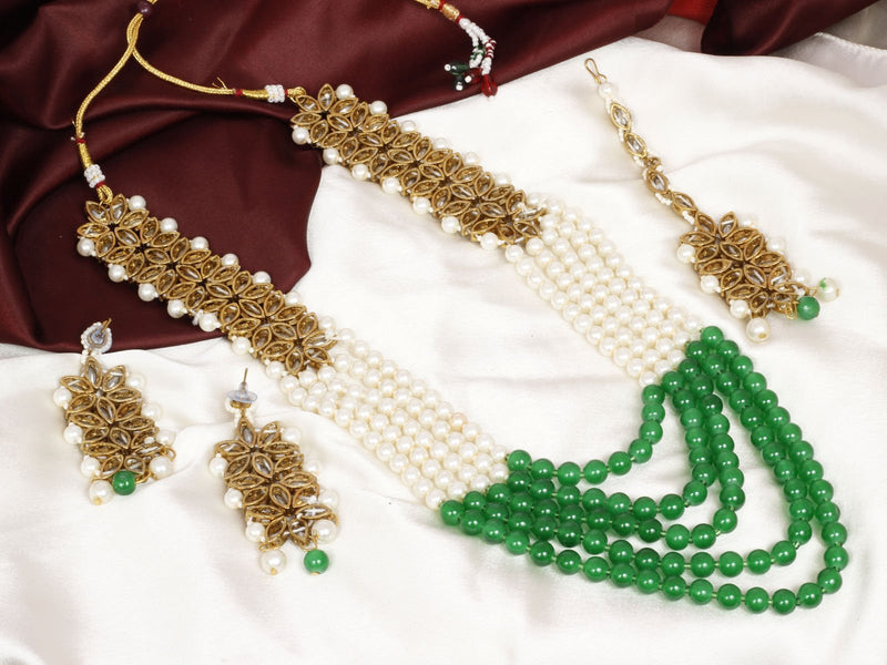 [Australia] - Ratna creation Women's SANARA Indian Traditional Antique Gold Pearl Green Long Strand Necklace & Earring Bollywoood Wedding Jewelry Set Green 