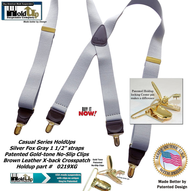 [Australia] - HoldUp X-back Suspenders in Light Silver Fox Gray are 1 1/2" Wide with No-slip Gold-tone Clips 