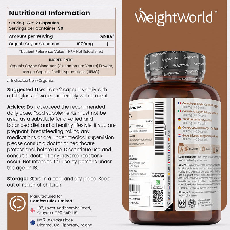 [Australia] - Organic Cinnamon Capsules 1500mg per Serving (3 Capsules) - 180 Vegan Capsules - Ceylon Cinnamon Powder - Soil Association Certified Digestion Supplement - Rich Source of Calcium - GMO & Gluten Free 