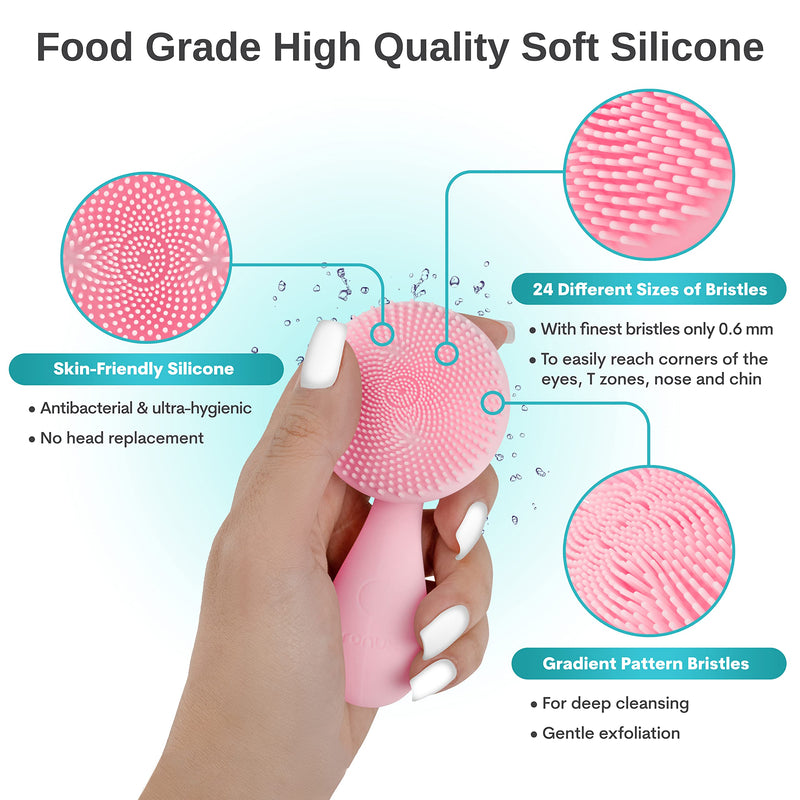 [Australia] - Ronux Silicone Facial Cleansing Brush - Electric, Rechargeable, Waterproof IPX7 - Face Massager - Deep Cleaning - Sonic Scrubber - Gentle Exfoliator Cleanser - Skin Scrub - Exfoliating Wash - Pink 