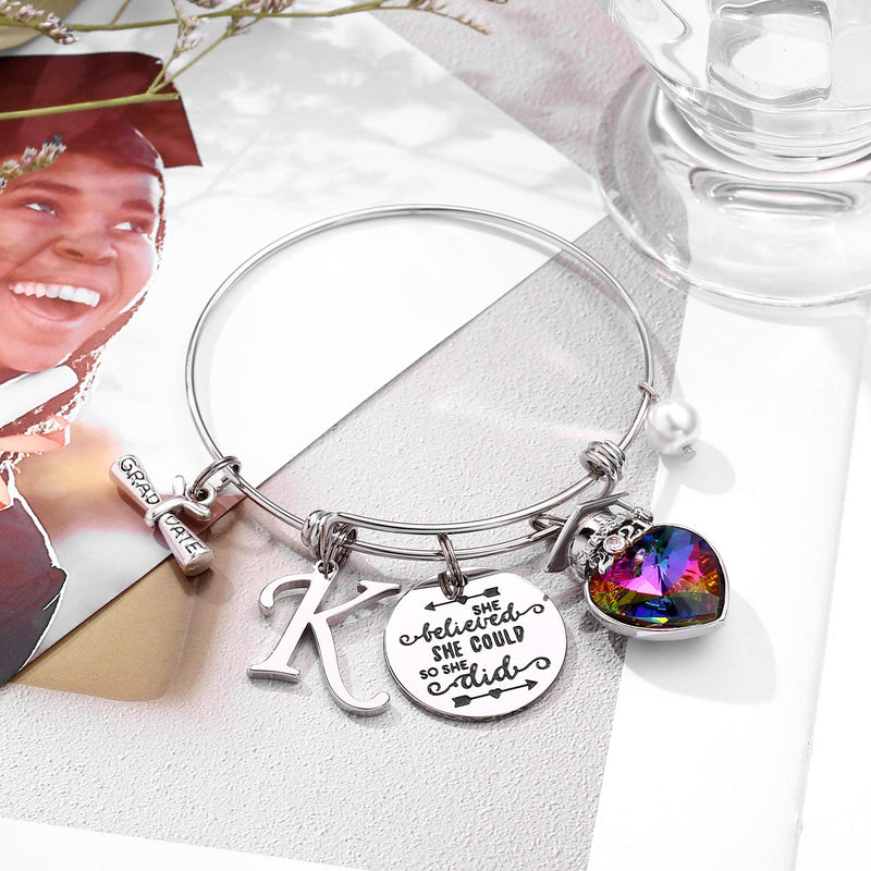 [Australia] - Yoosteel 2021 Graduation Gifts Charm Bracelets, 26 Initial Engraved Inspirational Bracelets Quote She Believed She Could So She Did Bracelet College Graduation Gifts for Him Her 2021 High School A-Silver 