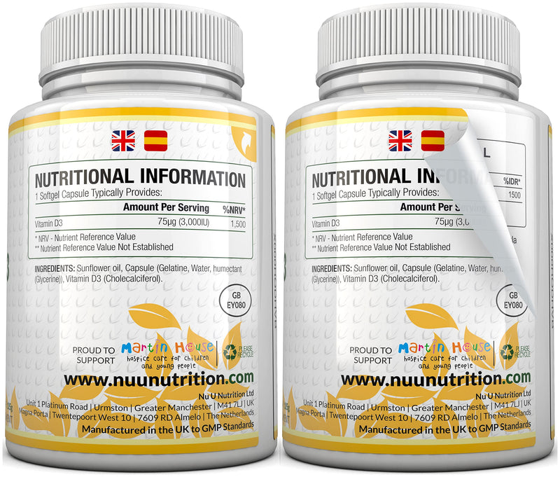 [Australia] - Vitamin D 3000 IU 365 Softgels (Full Year Supply) | Triple Strength Vitamin D3 Supplement | High Absorption Cholecalciferol | Gluten & Dairy Free by Nu U Nutrition 