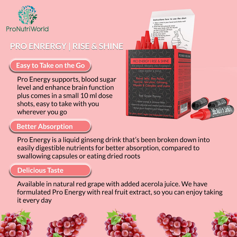[Australia] - Liquid Korean Ginseng and Royal Jelly, Guarana, Bee Pollen and Taurine, High Dose Immunity Drink, Reduces Tiredness and Fatigue, 20 Energy Shots 