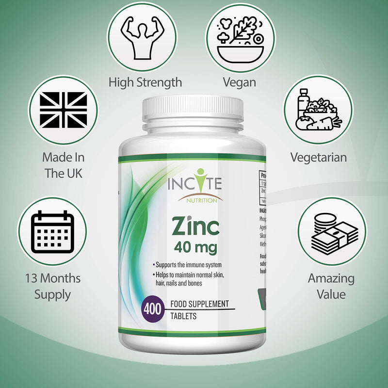 [Australia] - Zinc 40mg | 400 Premium Zinc Tablets Over 12 Month�s Supply | Maximum Strength Quality Pure Zinc Tablet | Suitable for Vegetarian & Vegans | Made in The UK by Incite Nutrition� 