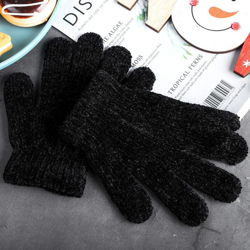 [Australia] - Cooraby 12 Pairs Kids Warm Gloves Chenille Cashmere Stretchy Knitted Gloves for Boys Girls 6-12 Years Black 