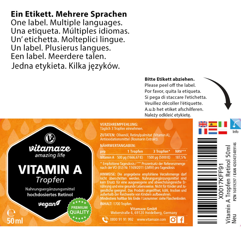 [Australia] - Vitamin A Drops 5000 IU High Strength per Daily Dose, Retinol Liquid & Vegan, 50 ml (1700 Drops), Natural Food Supplement Without Additives, High Bioavailability 