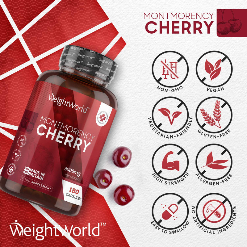 [Australia] - Montmorency Cherry Capsules 3000mg - 180 Tart Cherry Capsules (3 Months Supply) - Vegan & Natural Tart Cherry Extract Supplement for Men & Women - Gluten Free & Non-GMO - Made in The UK 