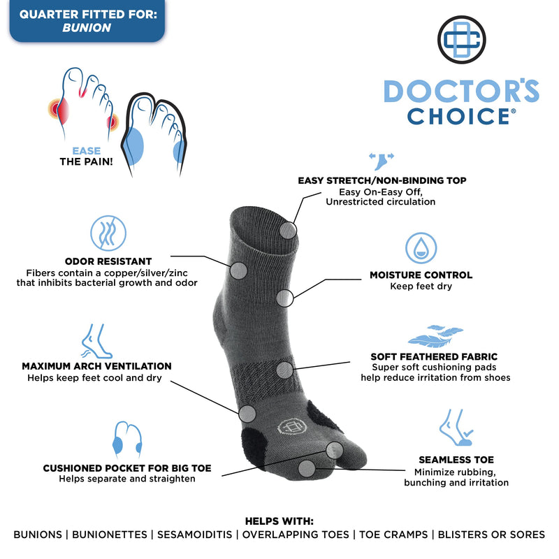 [Australia] - Doctor's Choice Bunion Relief Quarter Sock with Split Toe Separator and Soft Cushioning for Hallux Valgus, (Black, Large) Womens Shoe Size: 10-13 Black - Quarter Sock Large (Pack of 1) 